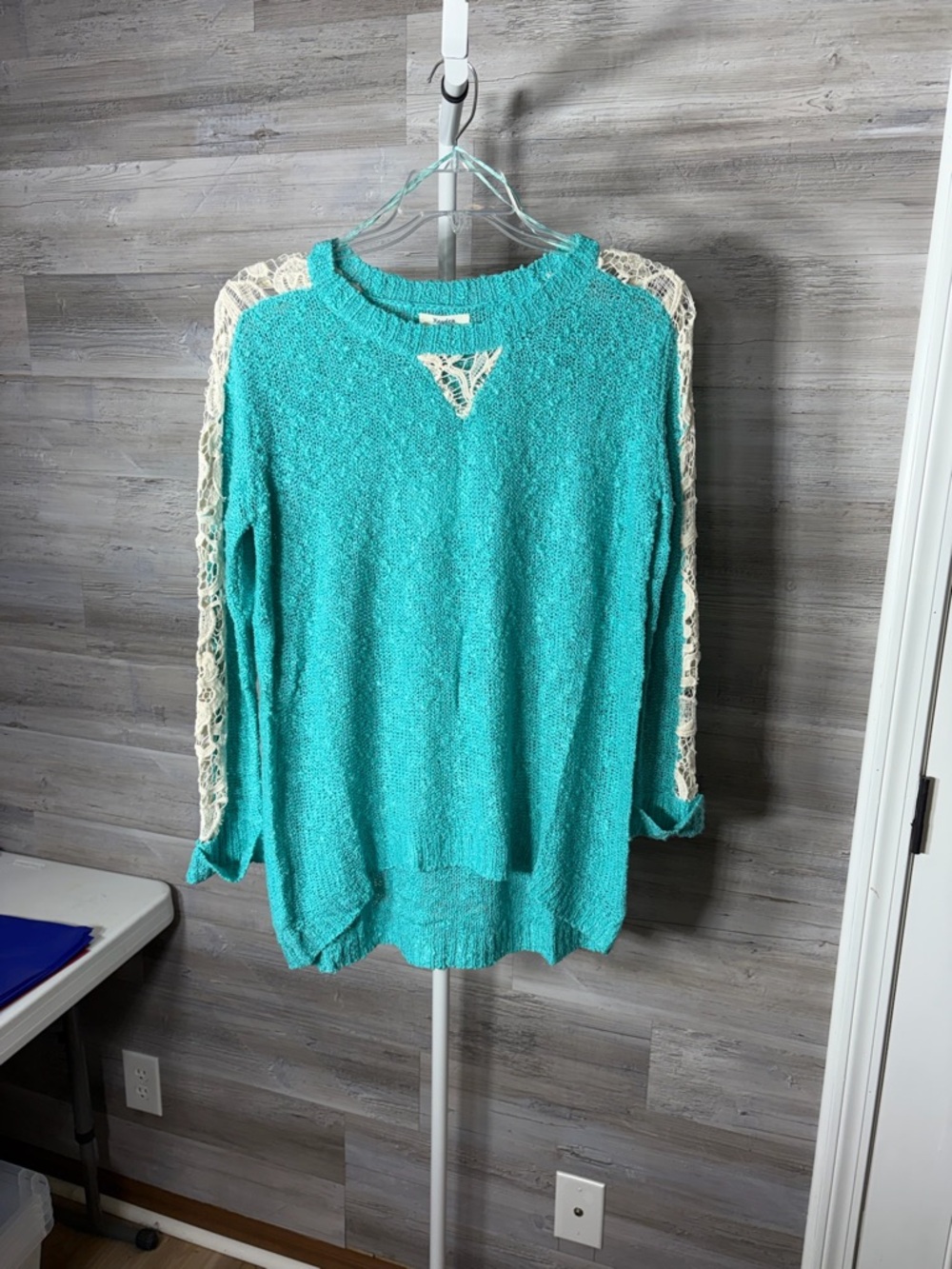 Hayden Teal Knit Sweater with Cream Crochet Trim 1886